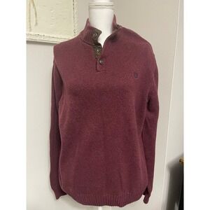 Chaps Mens Burgundy Cotton Mock Neck Button Pullover Sweater Elbow Patches Large